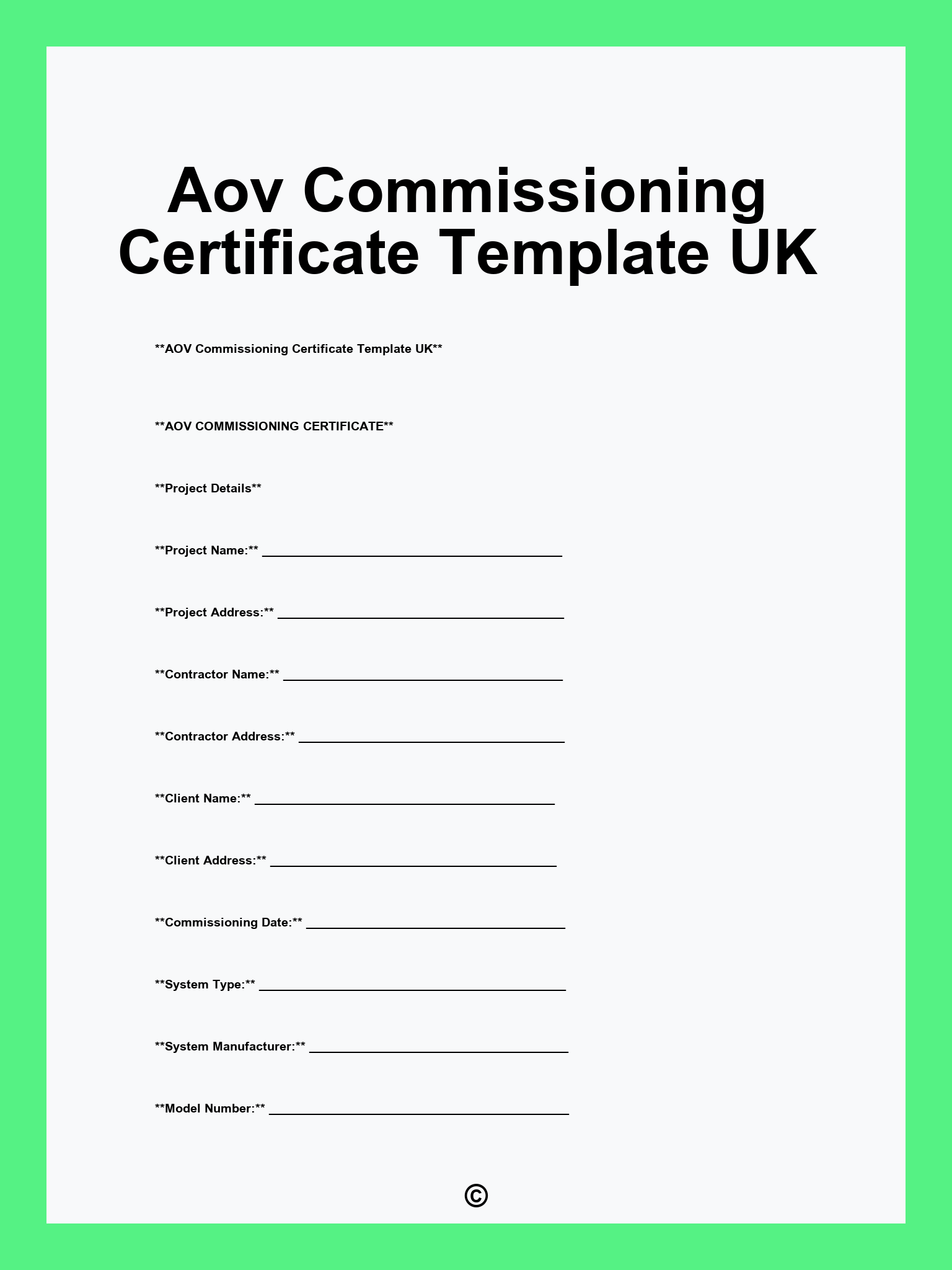 Aov Commissioning Certificate Template UK