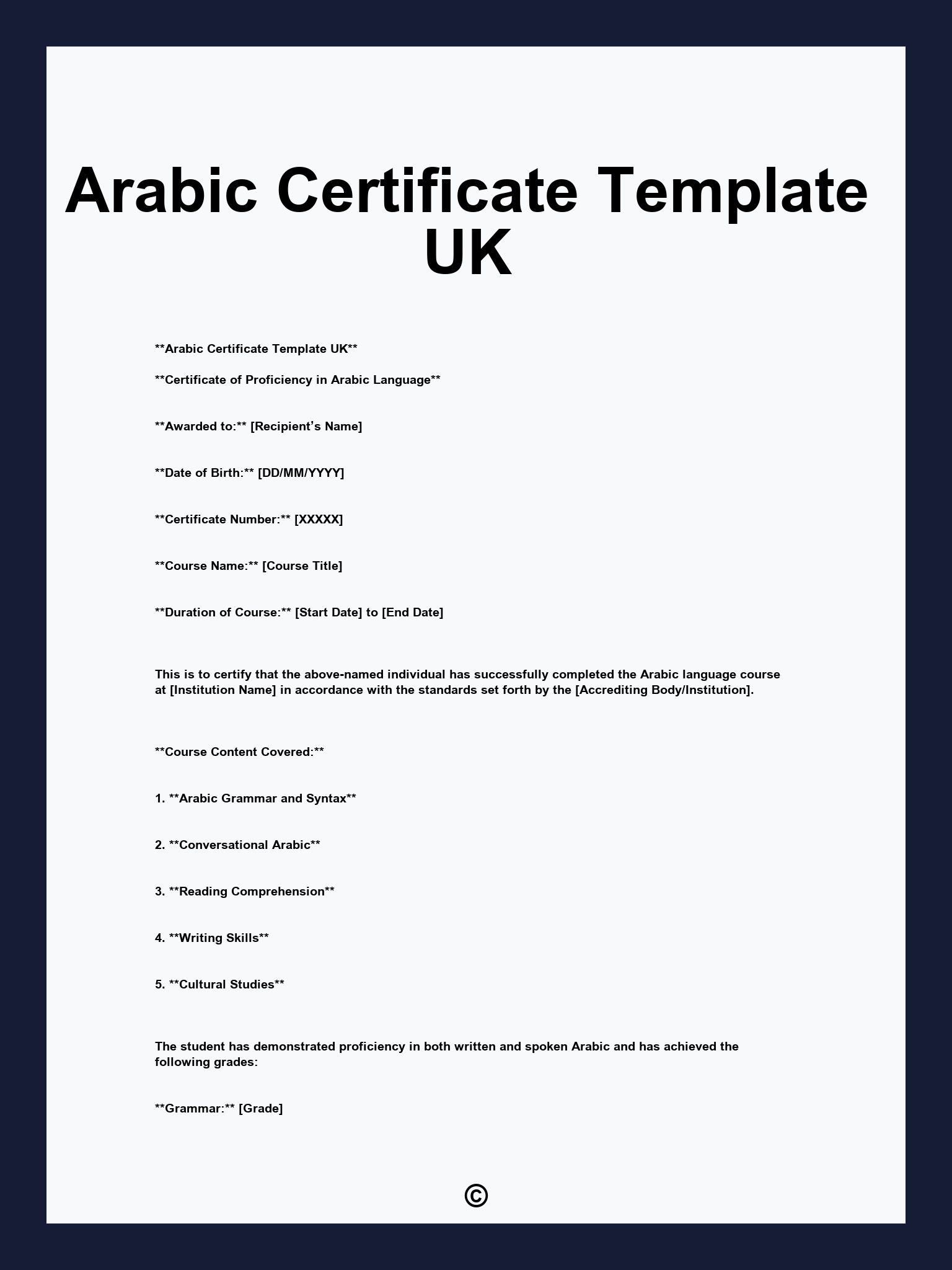Arabic Certificate Template UK