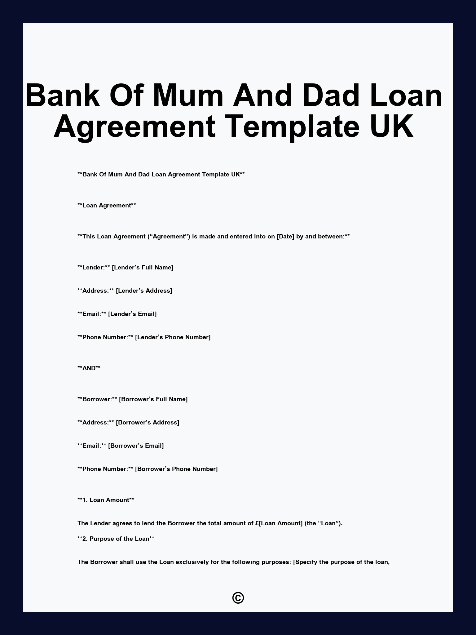 Bank Of Mum And Dad Loan Agreement Template UK
