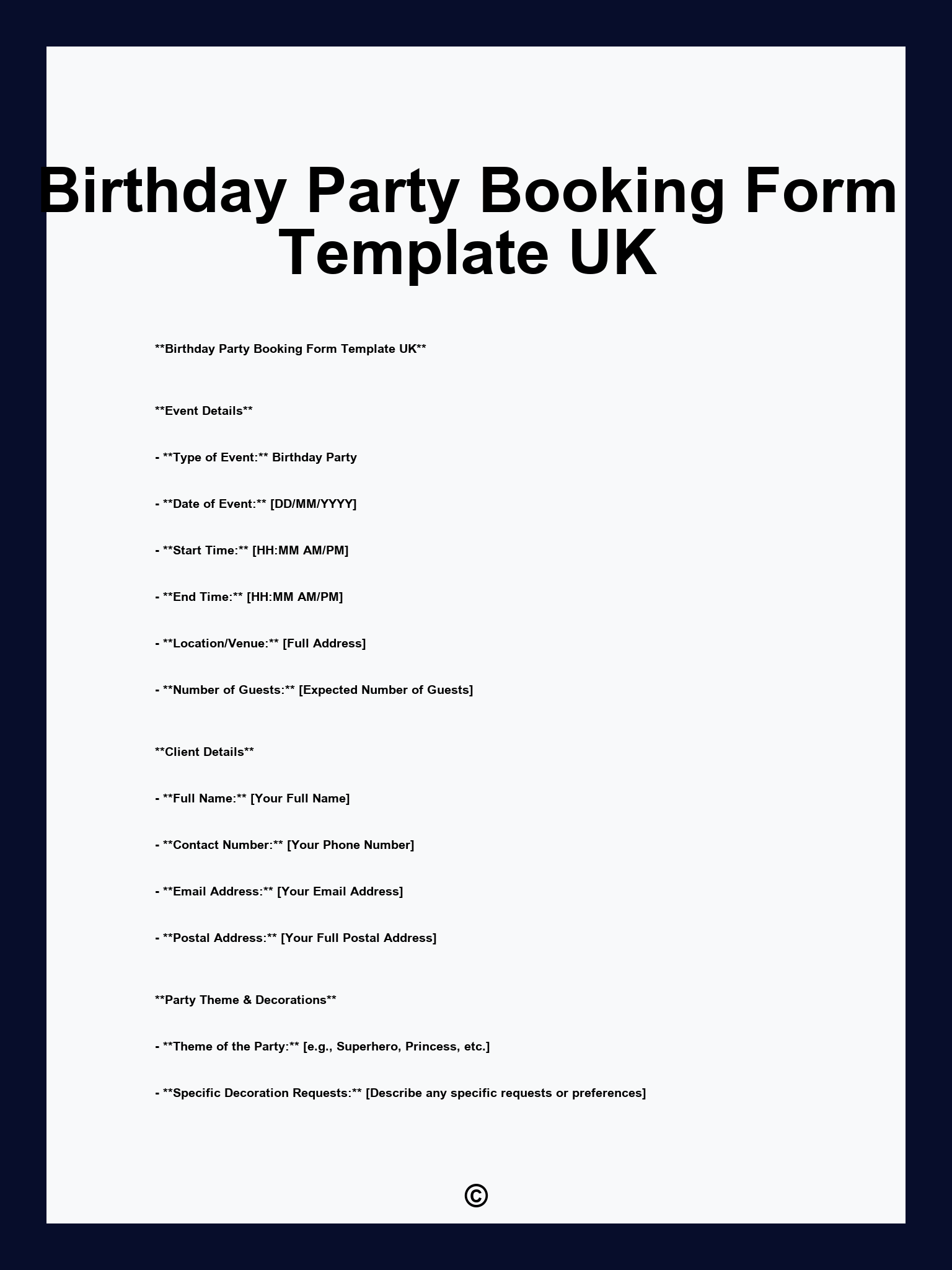 Birthday Party Booking Form Template UK