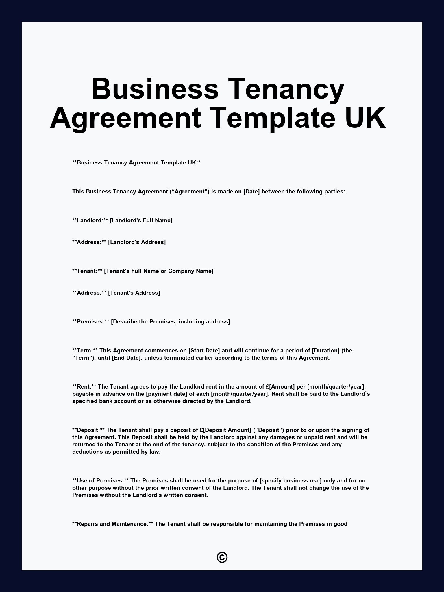 Business Tenancy Agreement Template UK