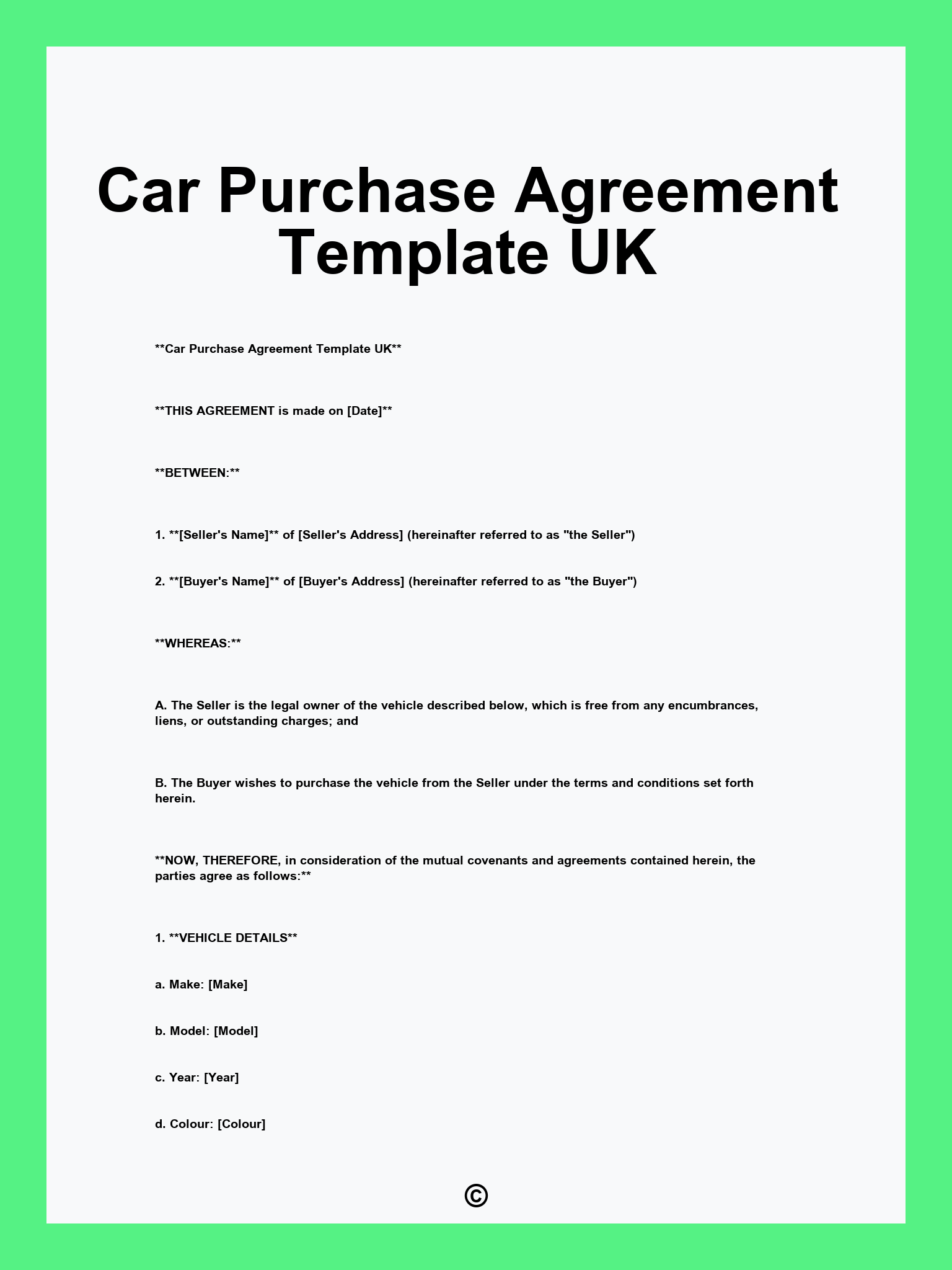 Car Purchase Agreement Template UK
