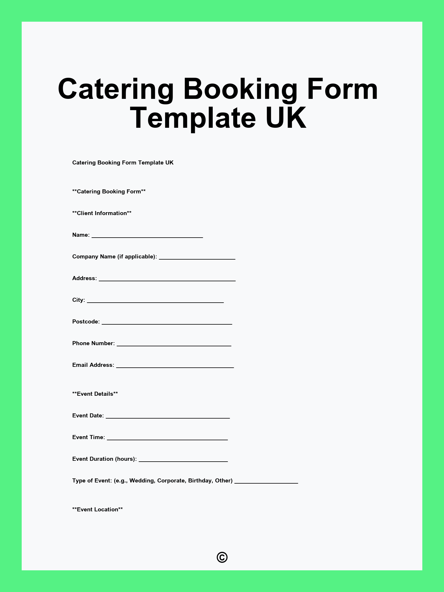 Catering Booking Form Template UK