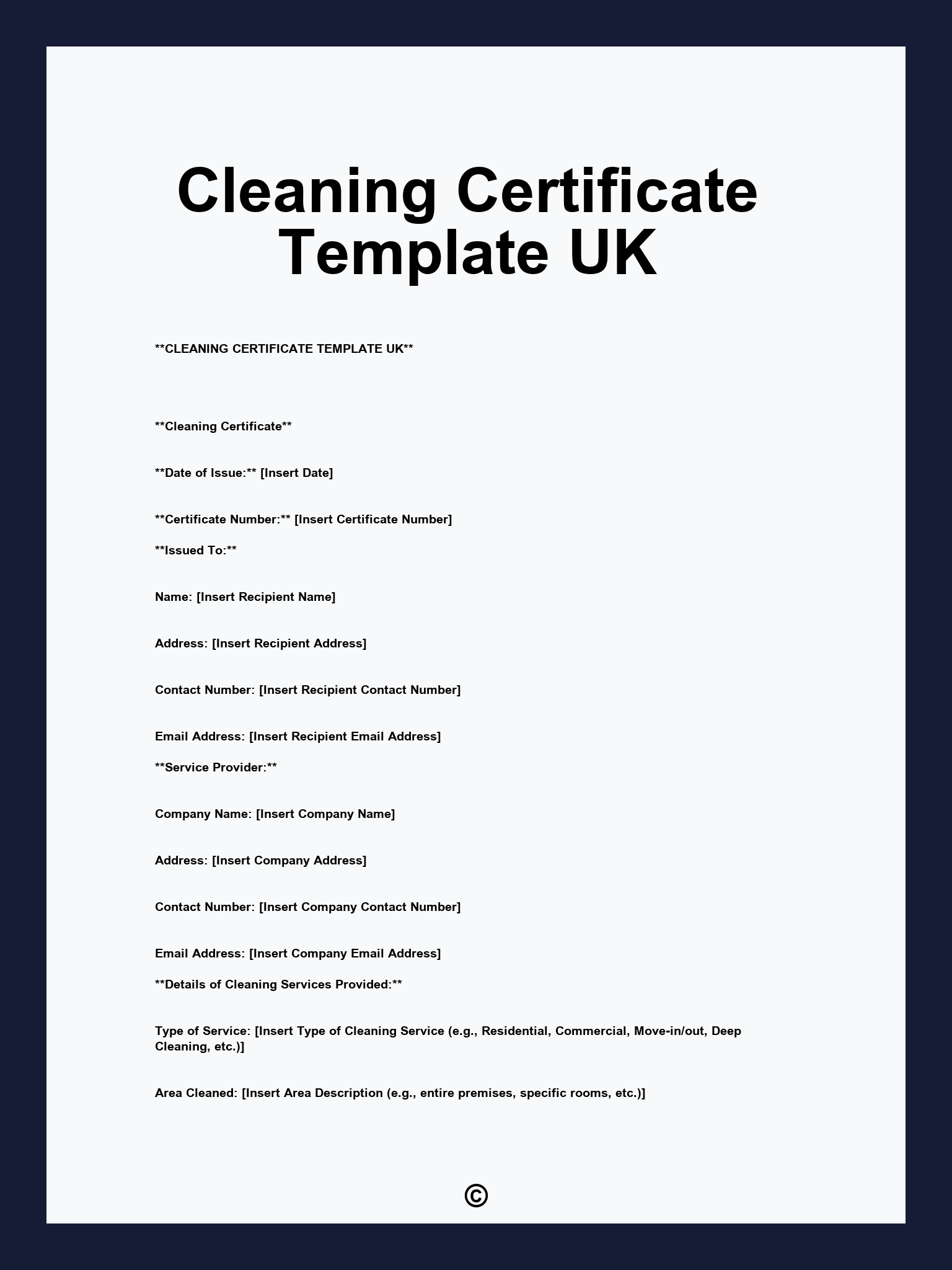 Cleaning Certificate Template UK
