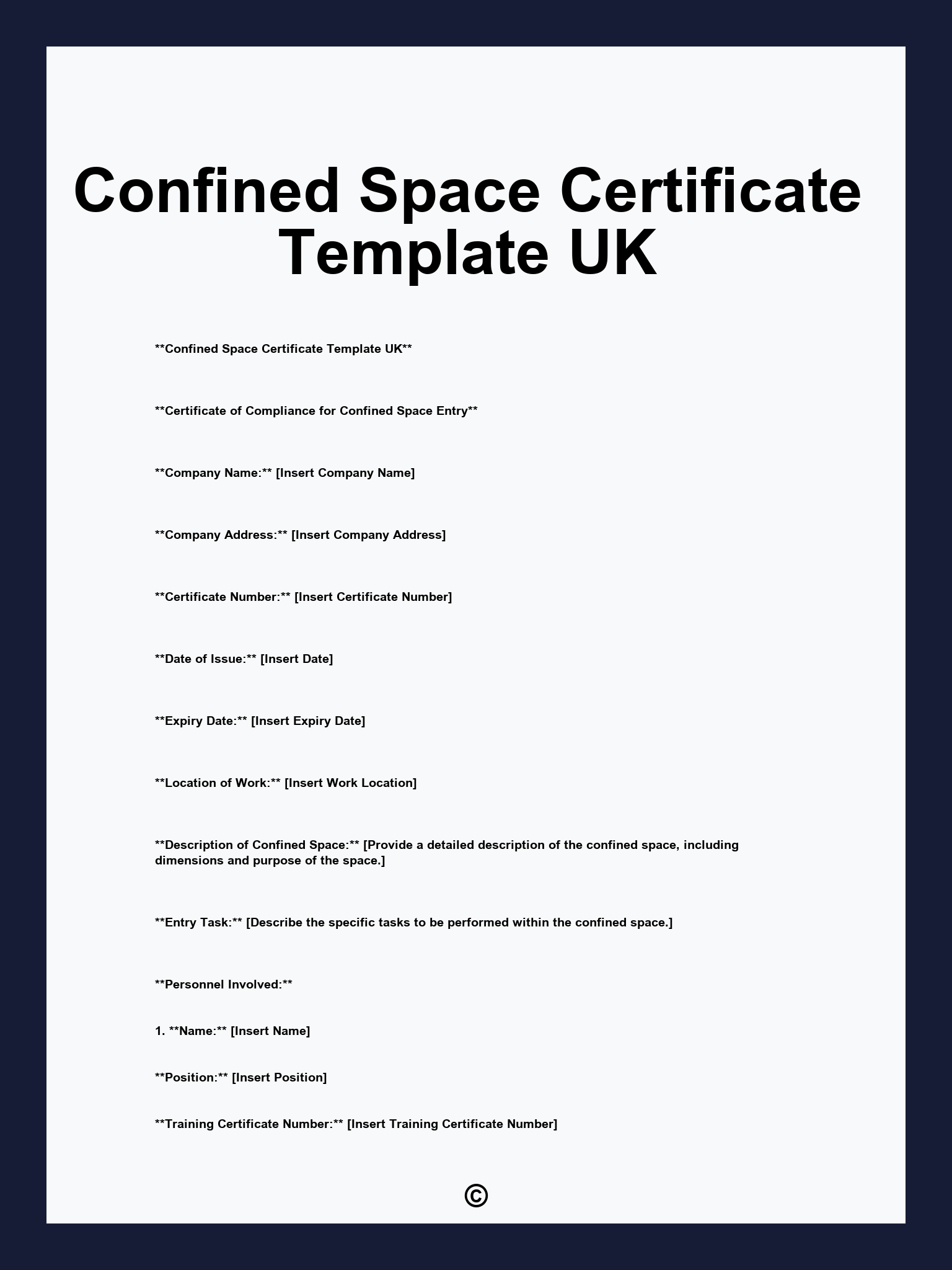 Confined Space Certificate Template UK