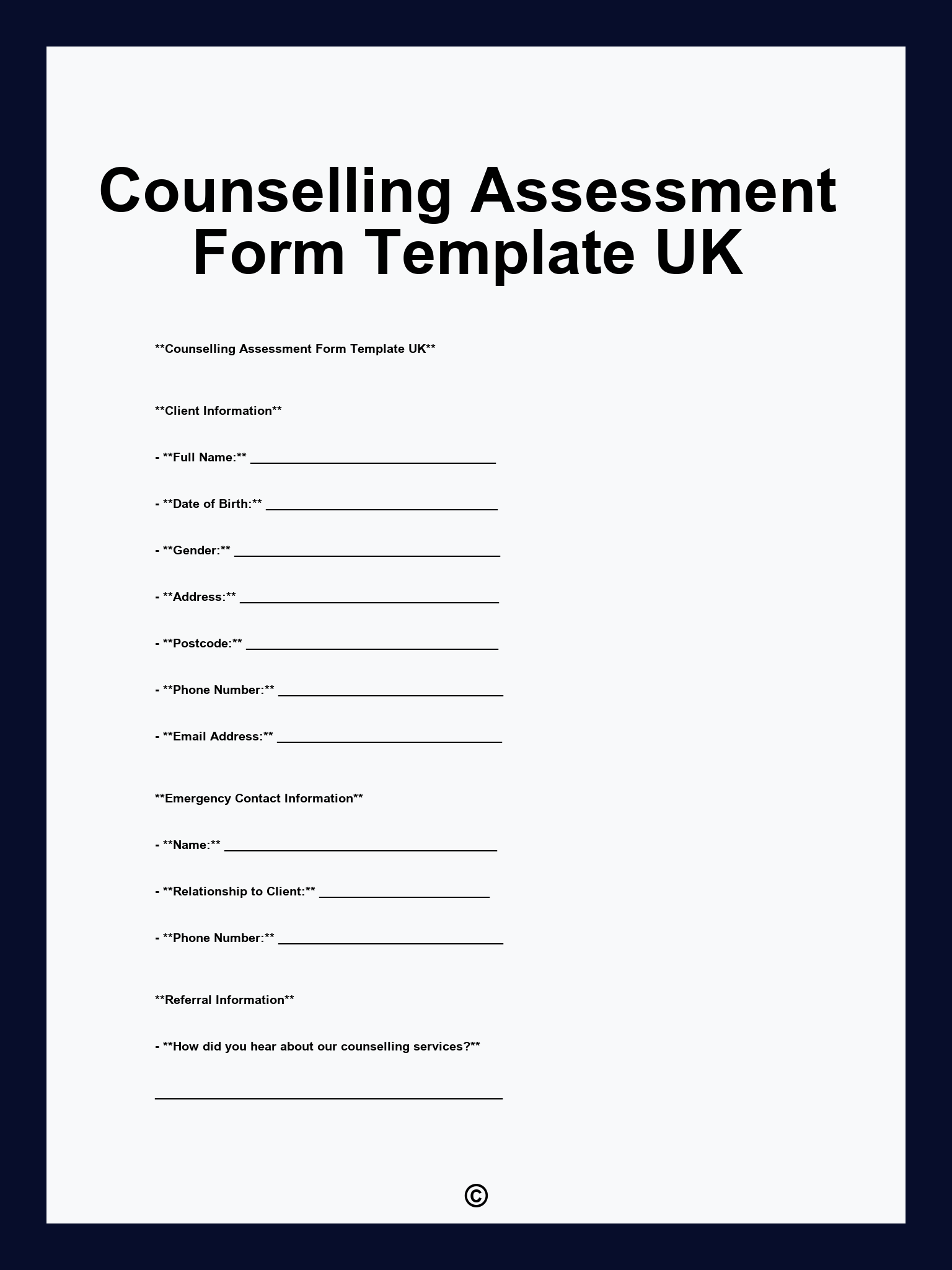 Counselling Assessment Form Template UK
