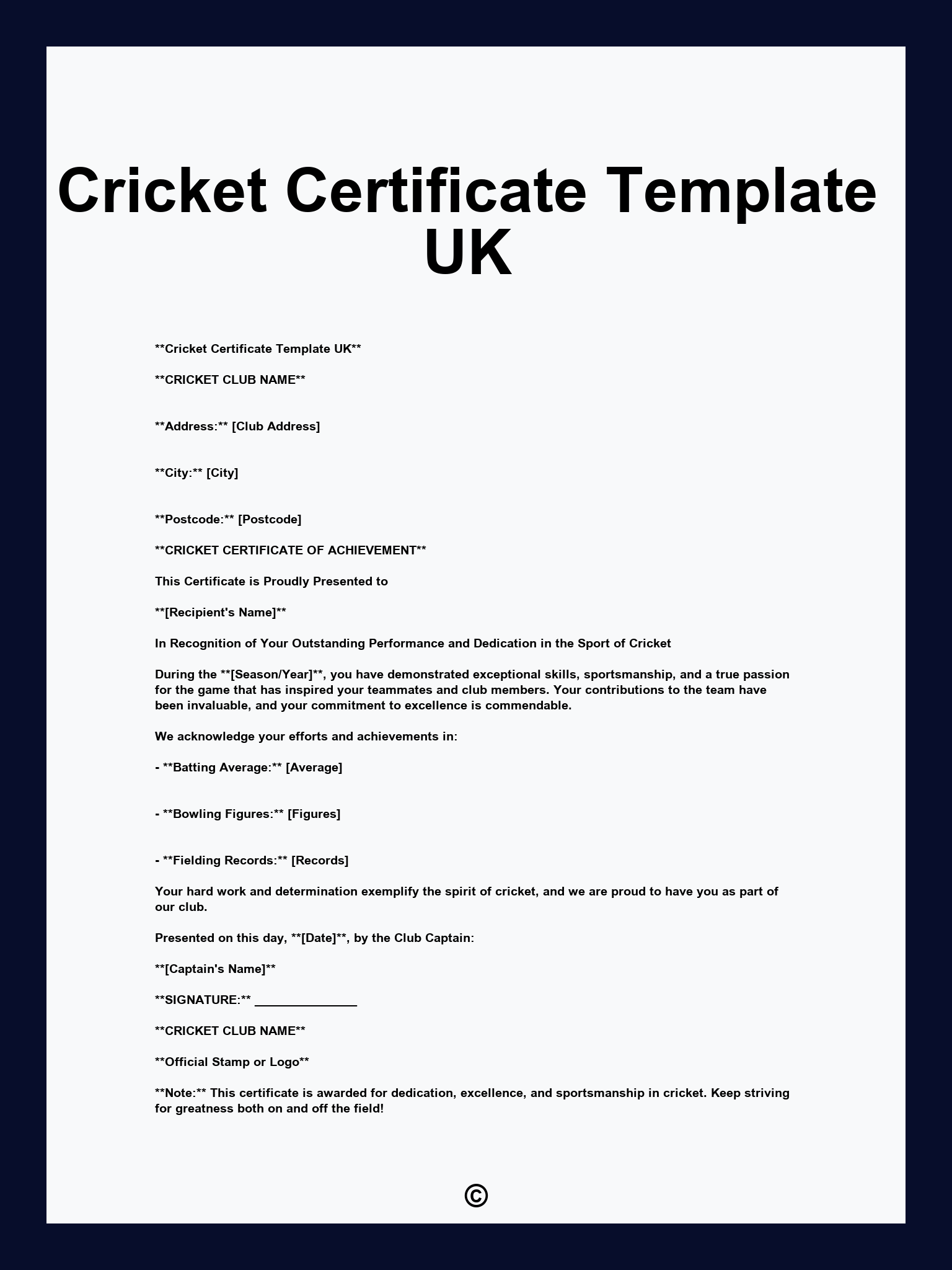 Cricket Certificate Template UK