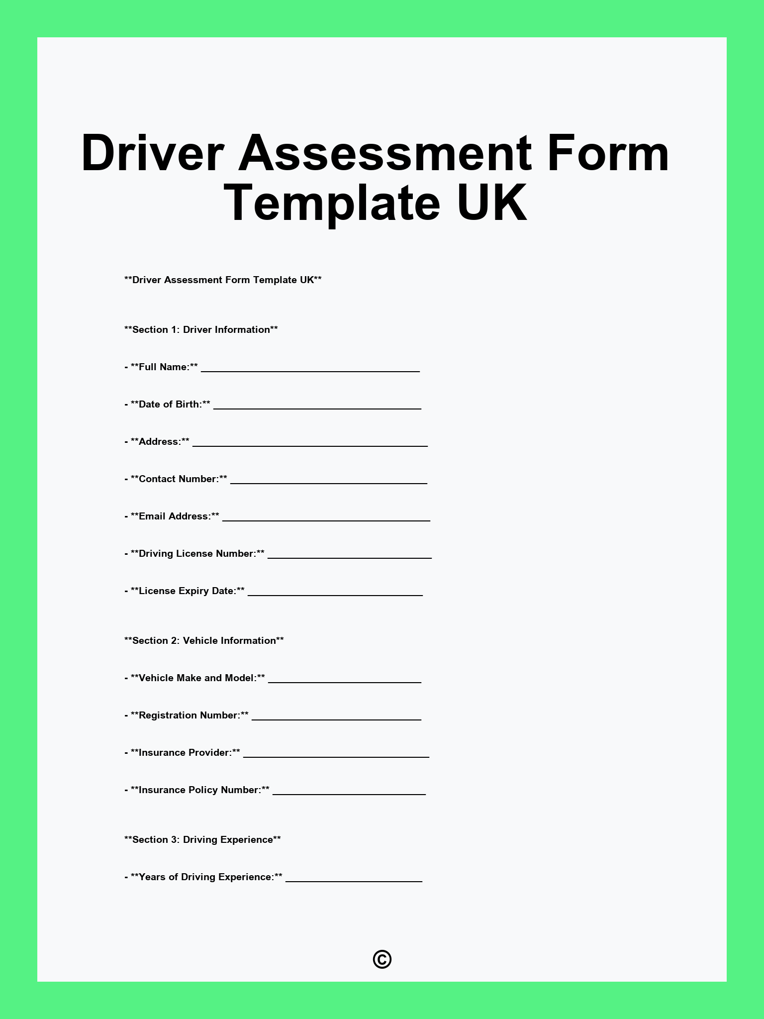 Driver Assessment Form Template UK