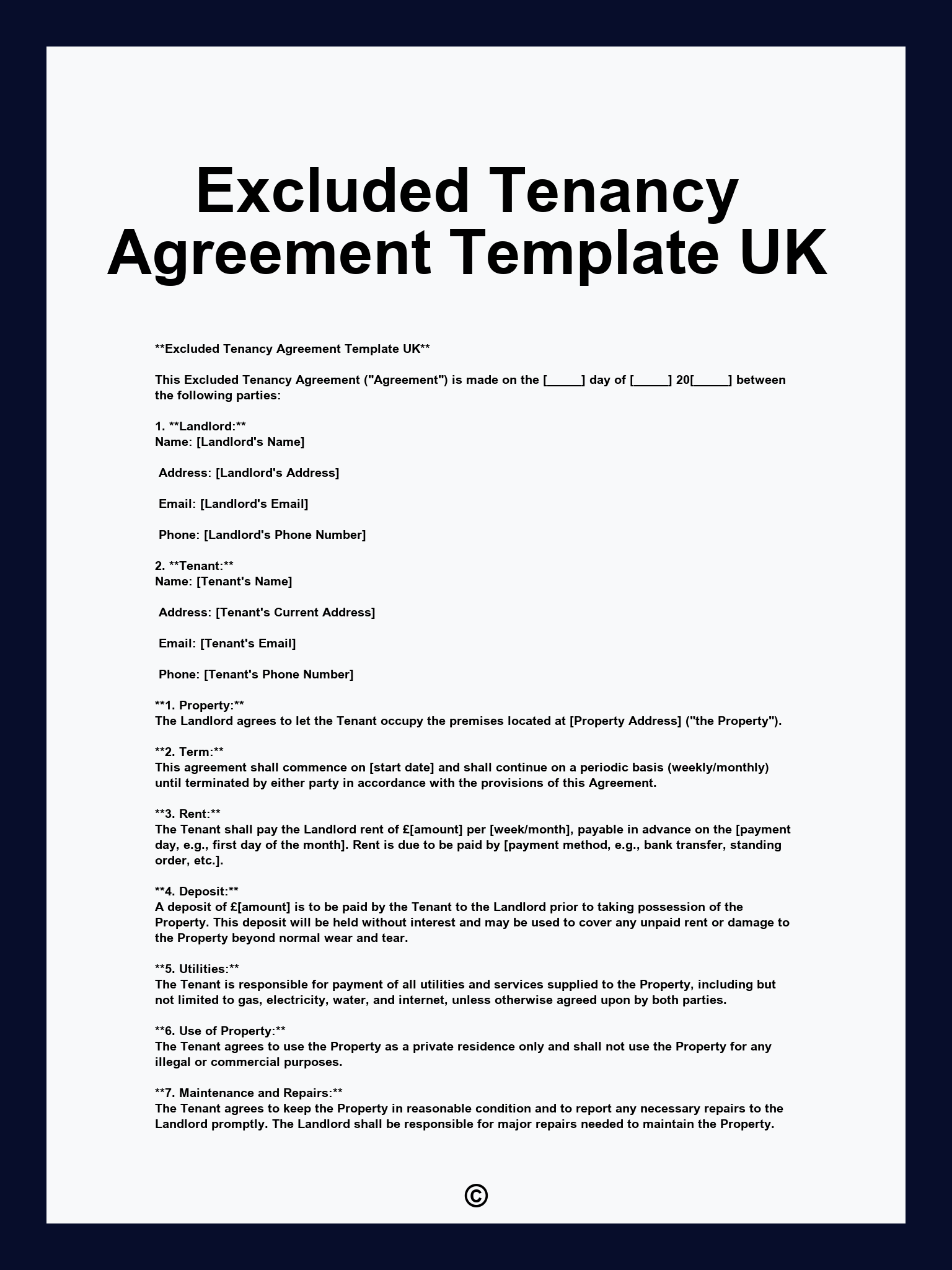Excluded Tenancy Agreement Template UK
