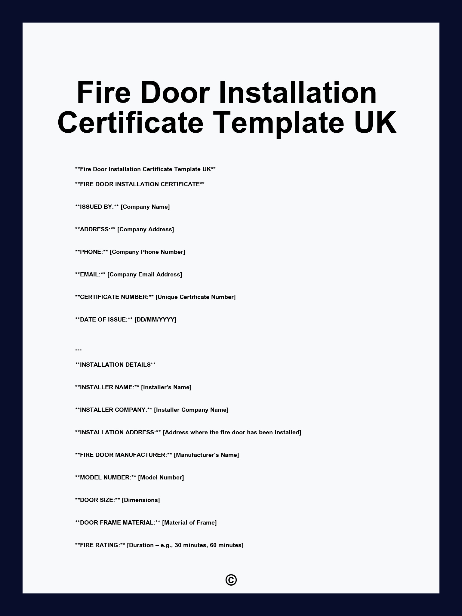 Fire Door Installation Certificate Template UK