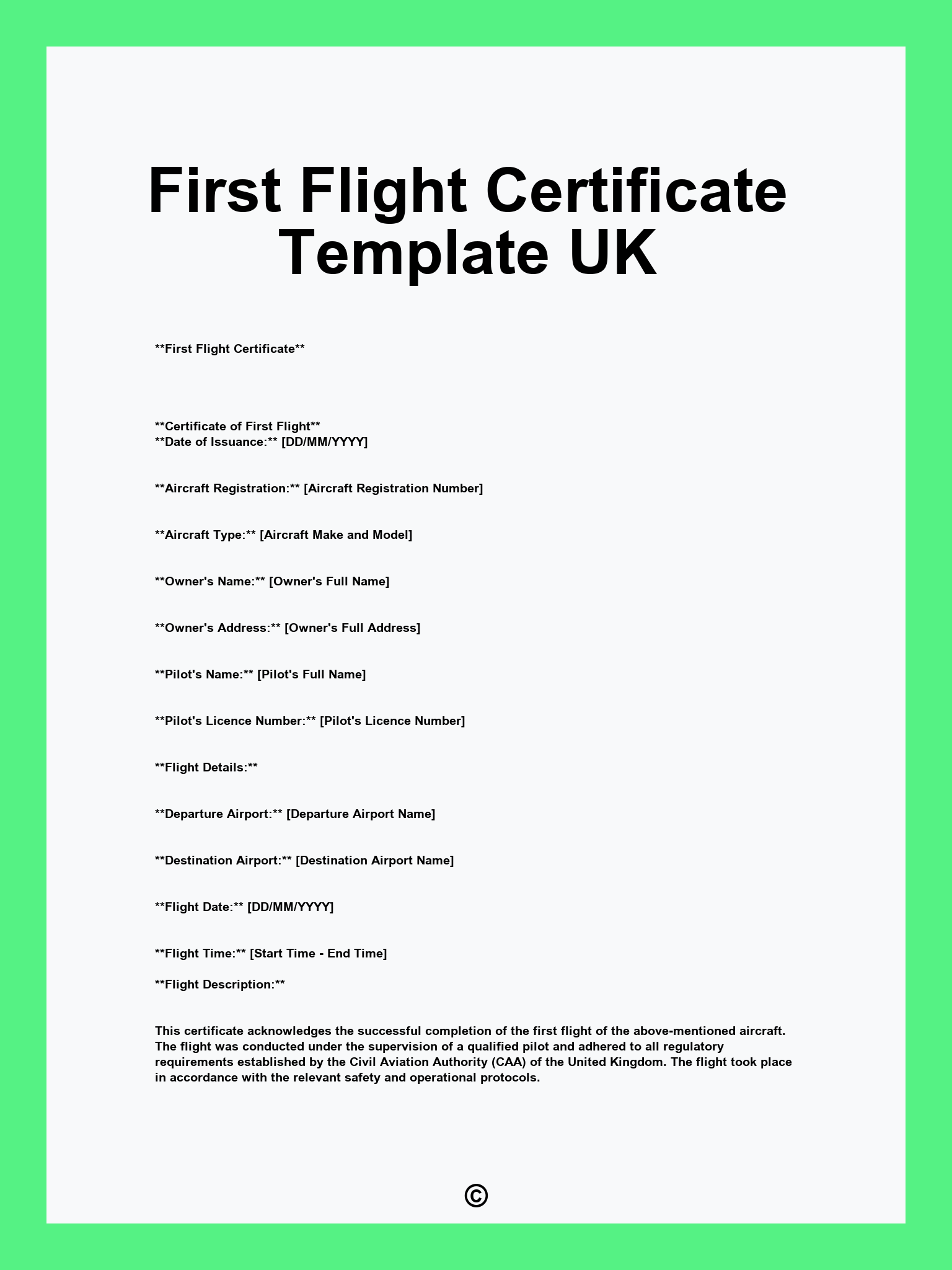 First Flight Certificate Template UK