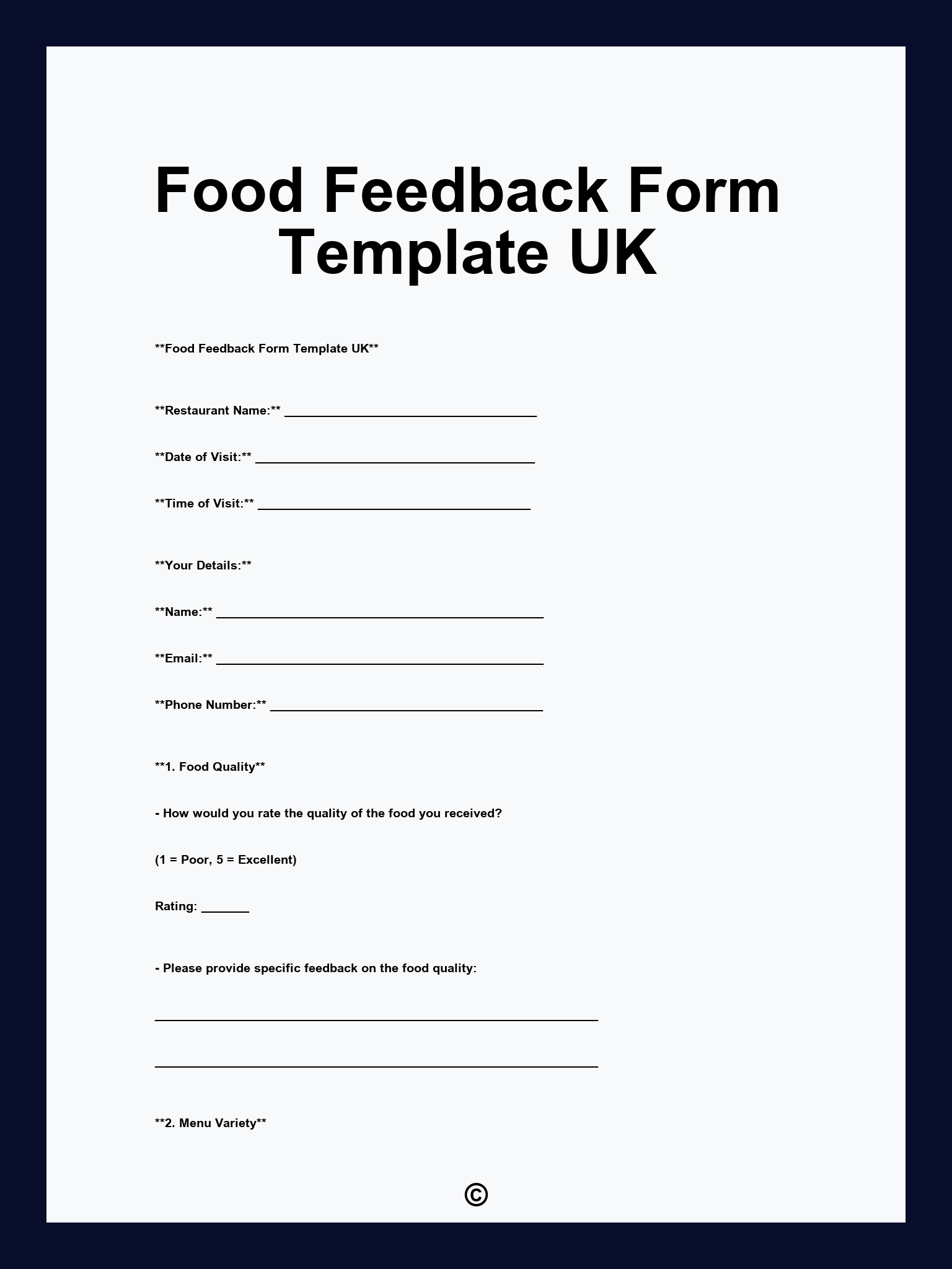 Food Feedback Form Template UK