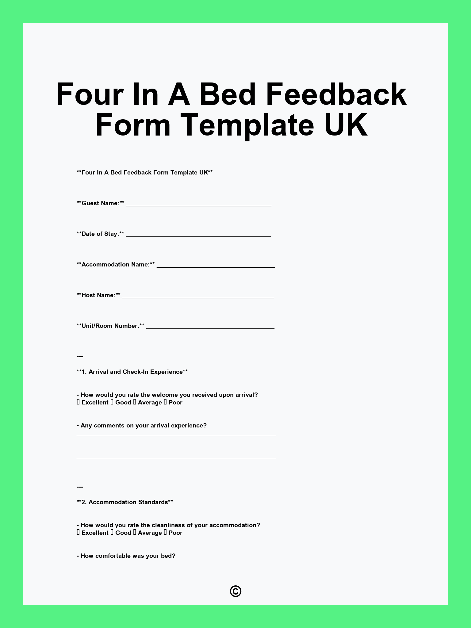 Four In A Bed Feedback Form Template UK