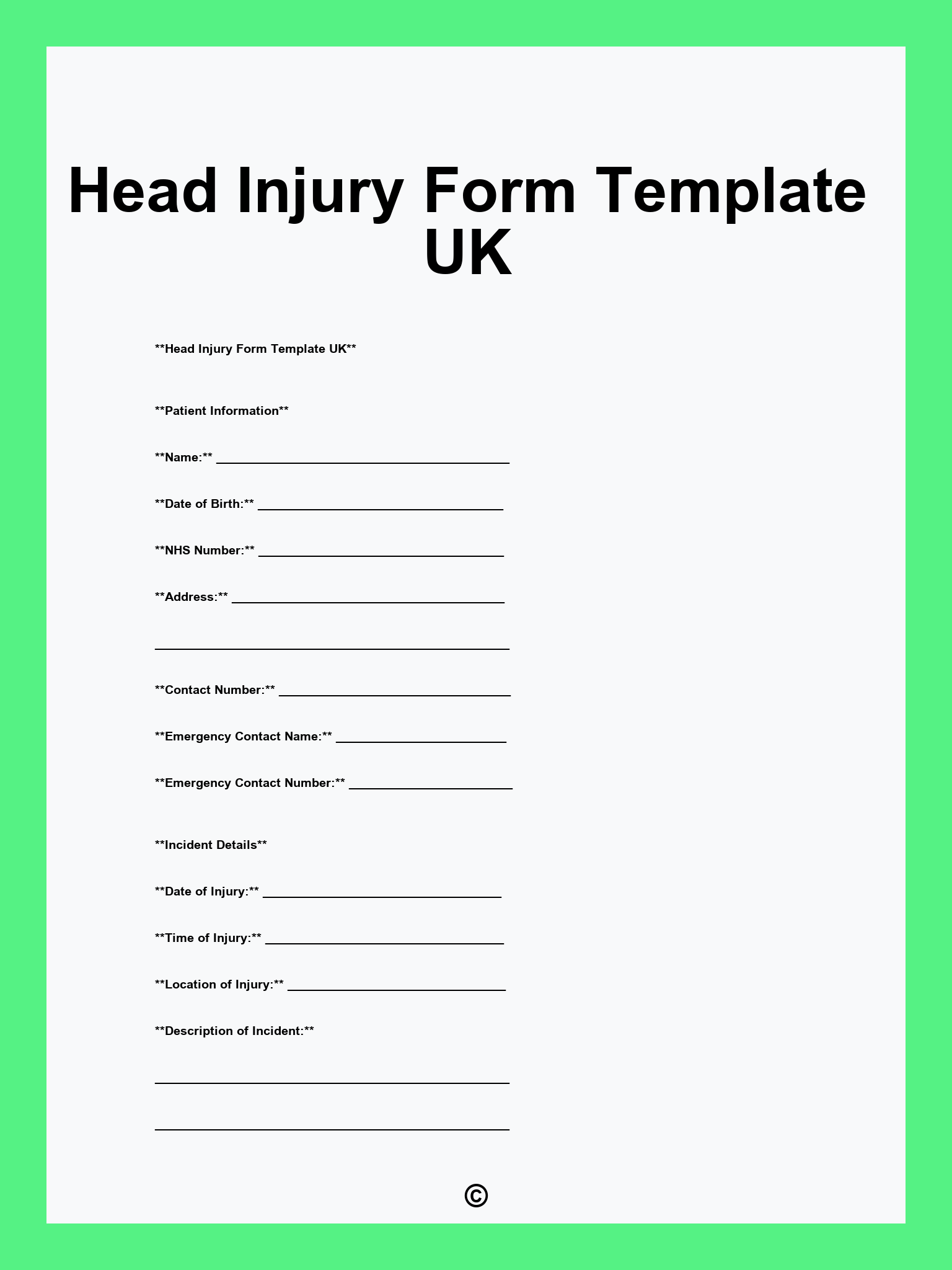 Head Injury Form Template UK