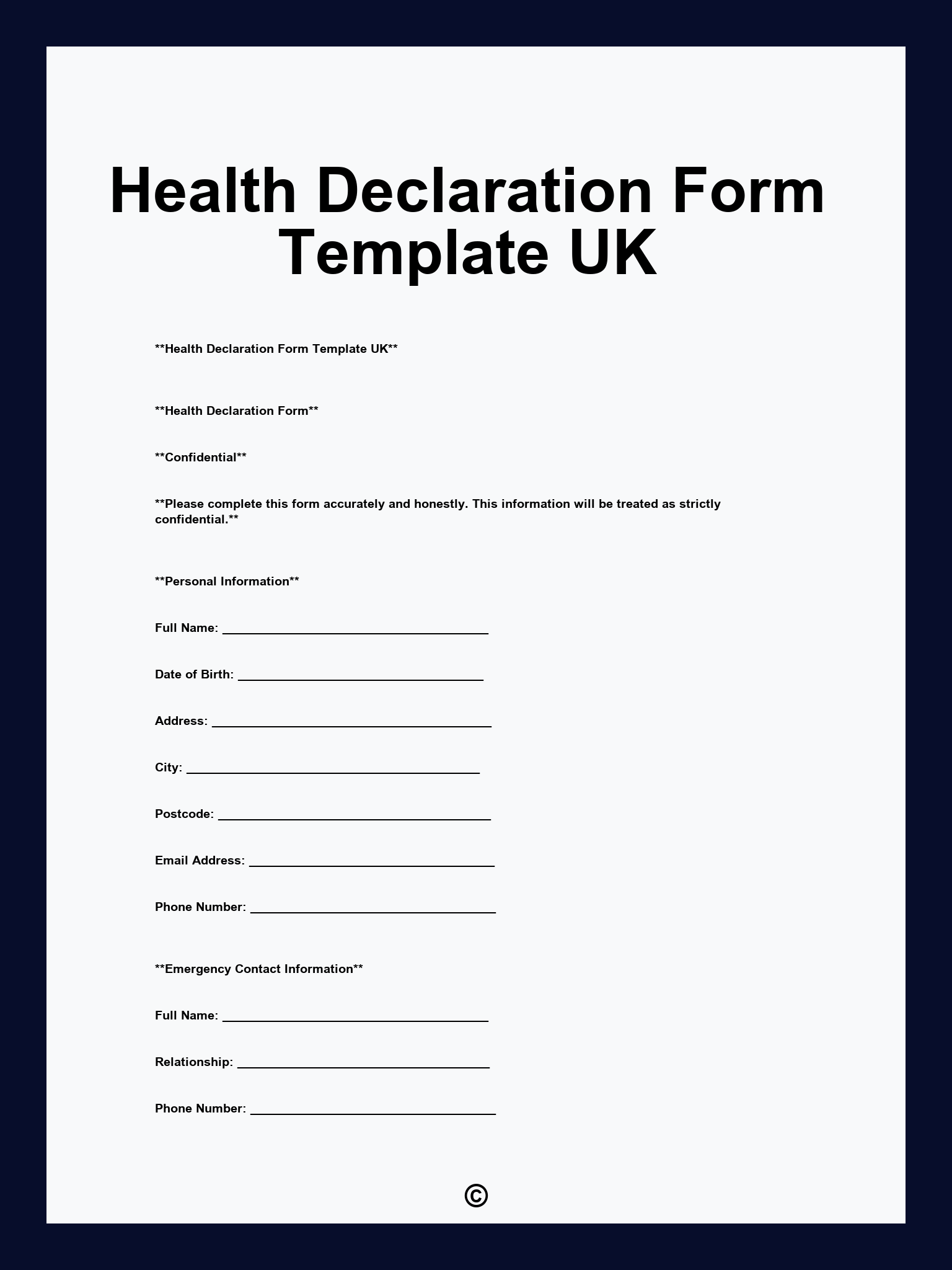 Health Declaration Form Template UK