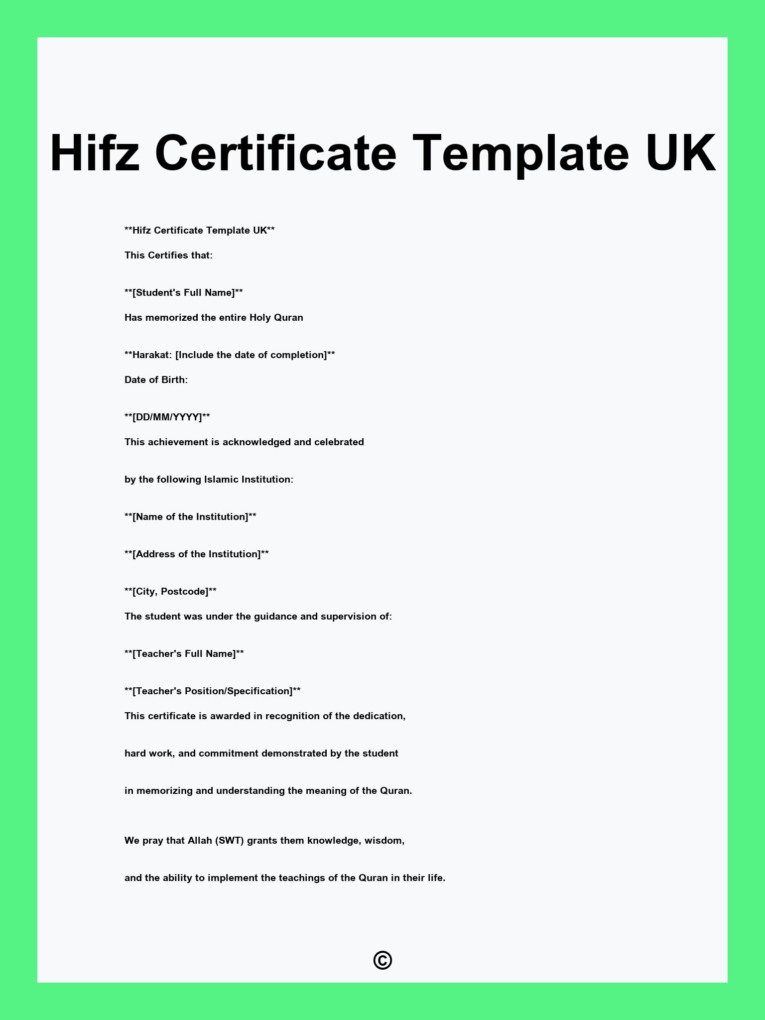 Hifz Certificate Template UK