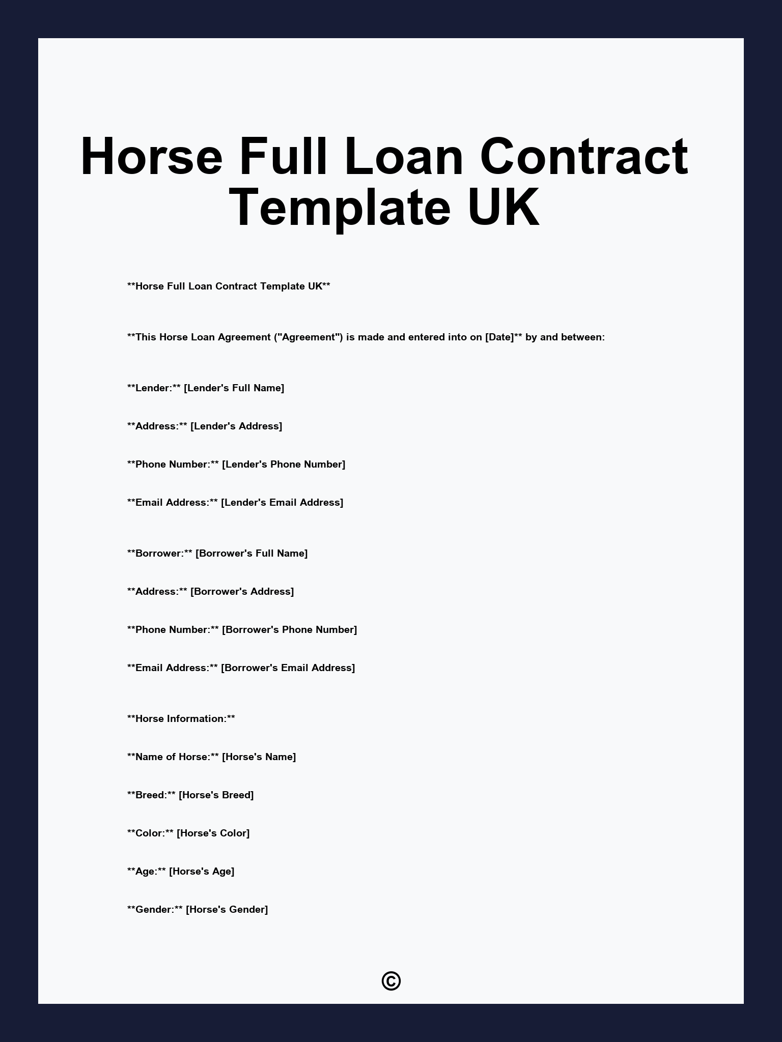 Horse Full Loan Contract Template UK