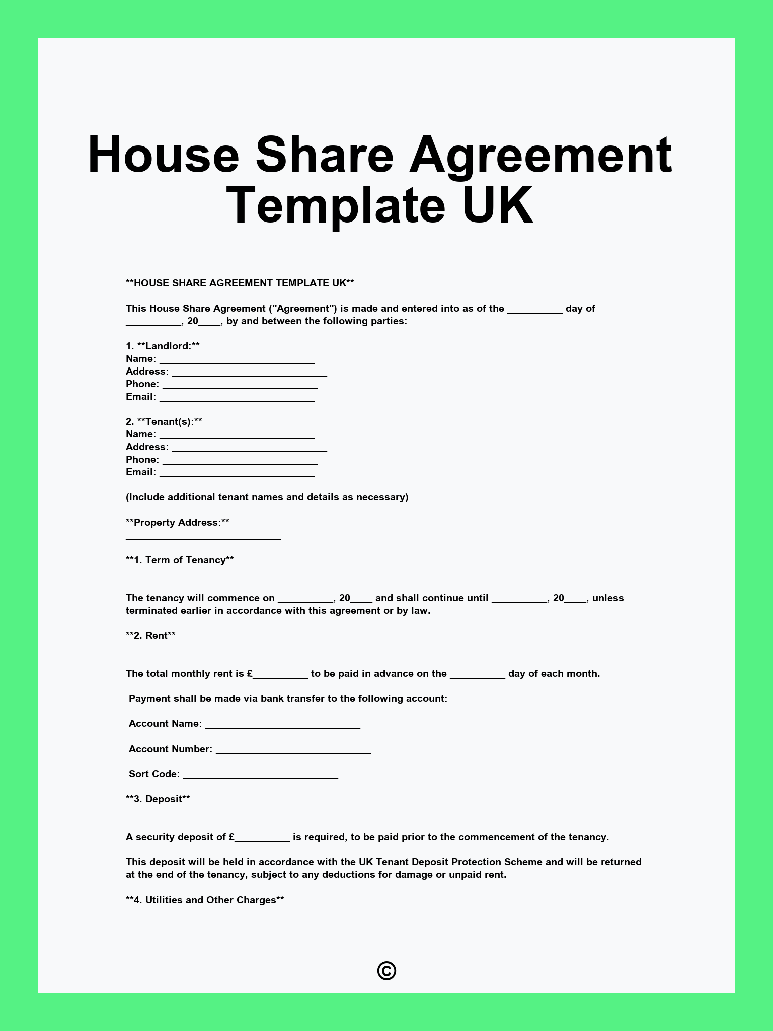 House Share Agreement Template UK