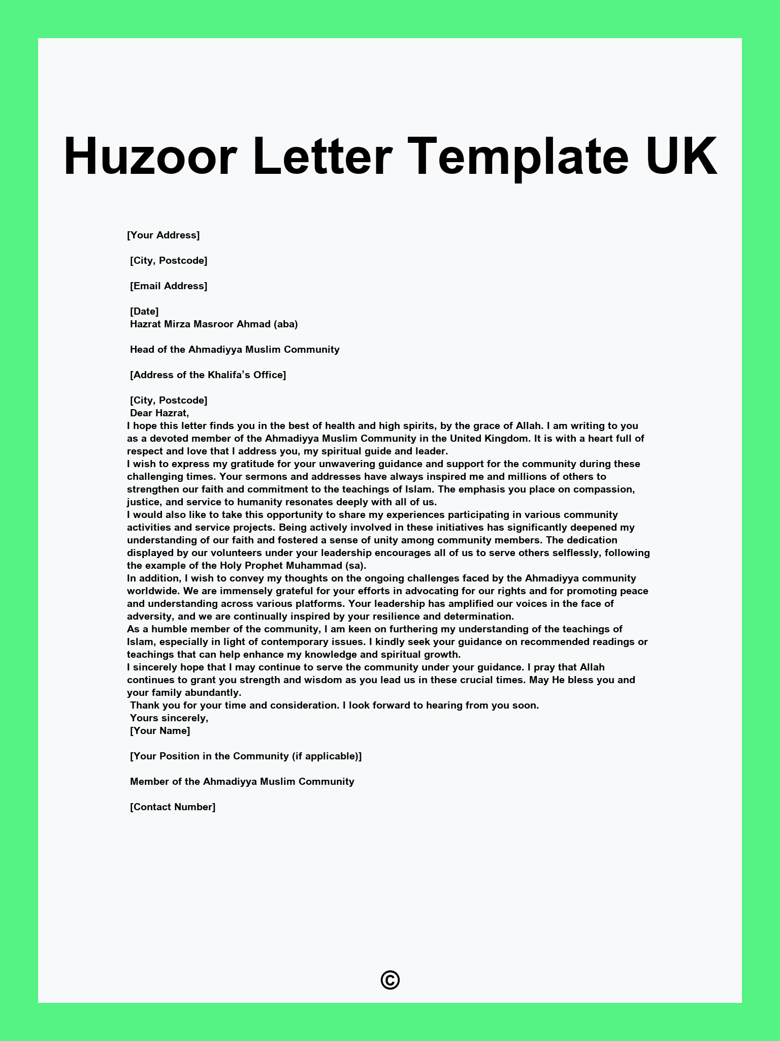 Huzoor Letter Template UK