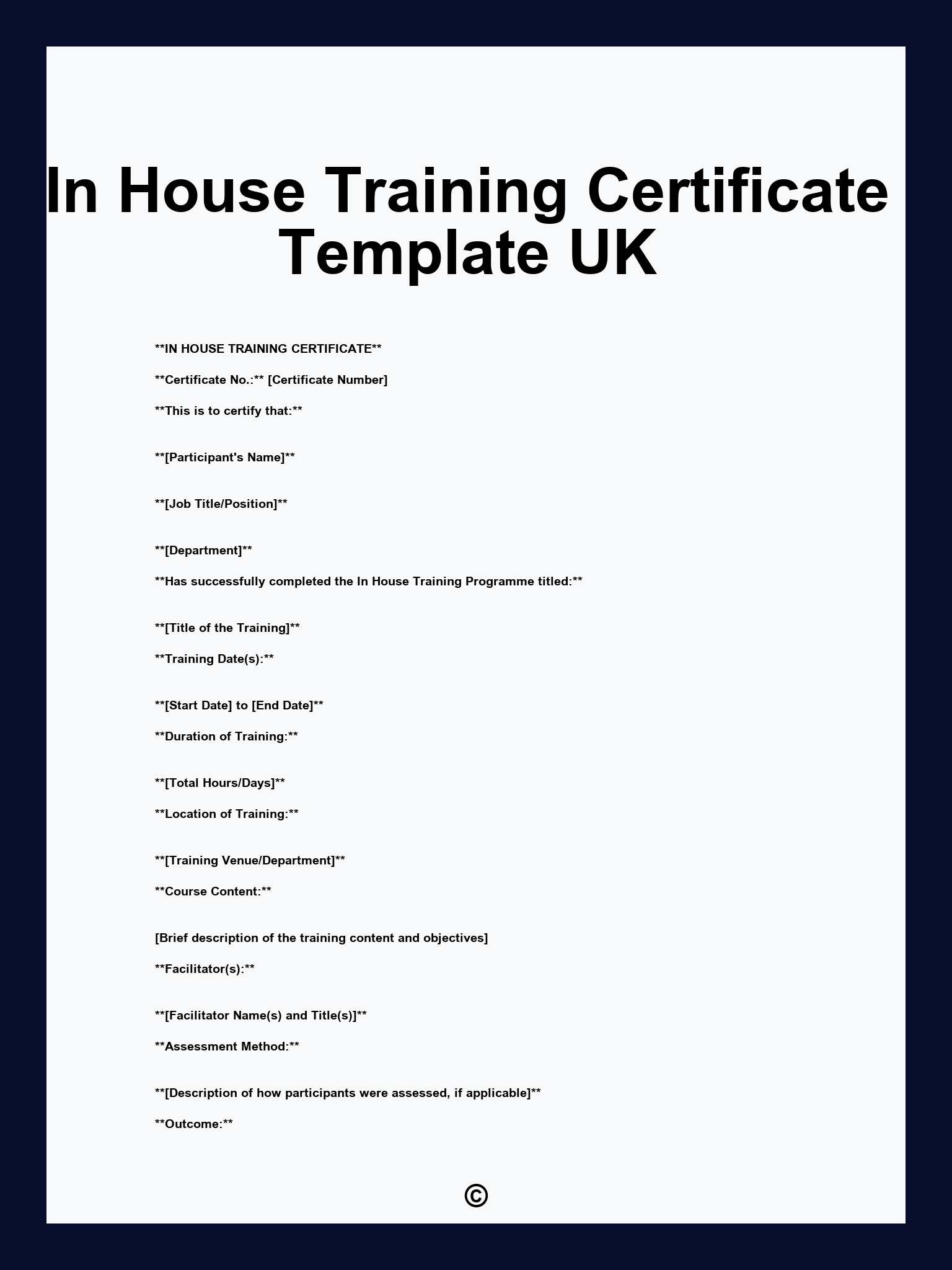 In House Training Certificate Template UK