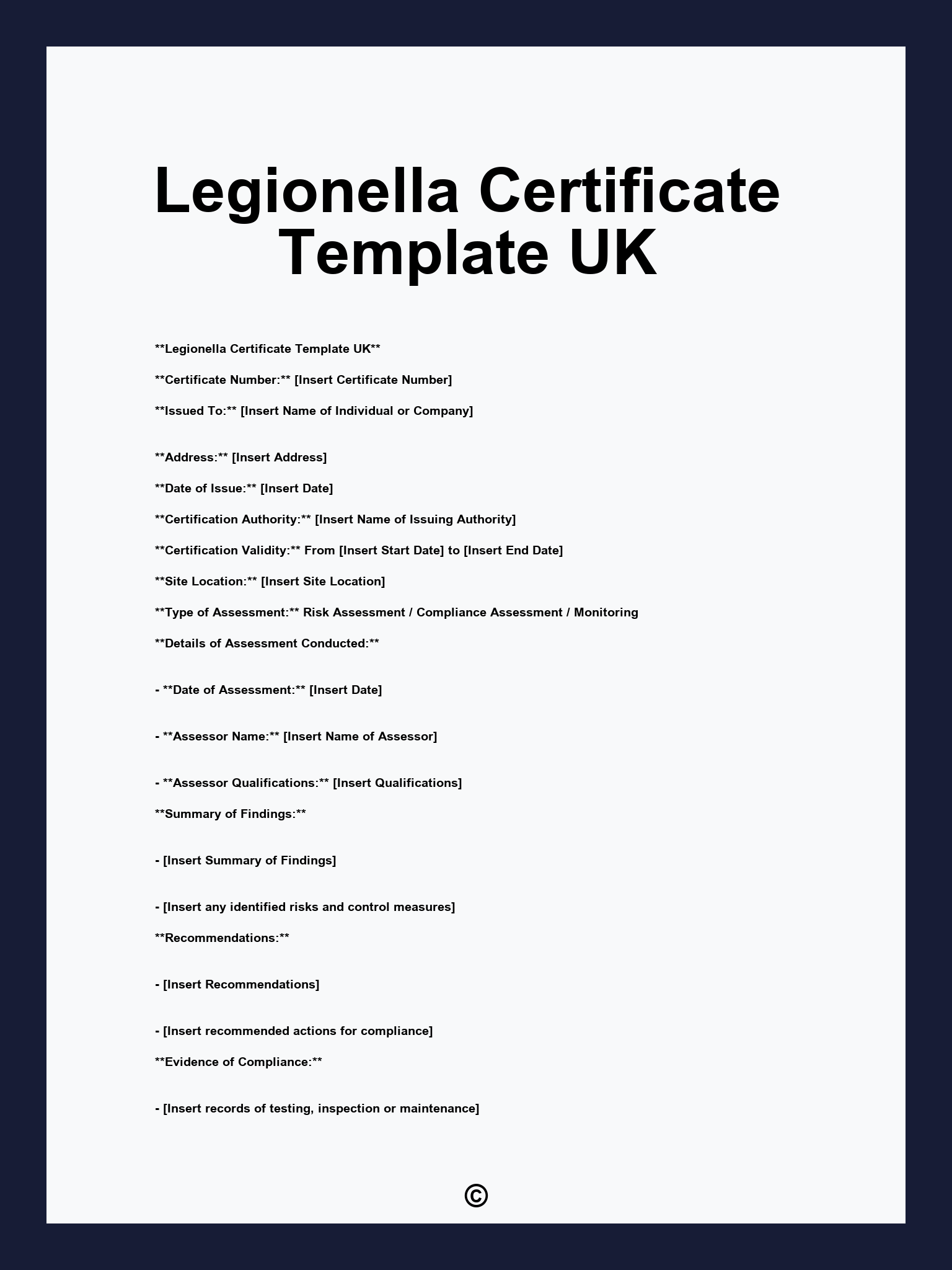 Legionella Certificate Template UK