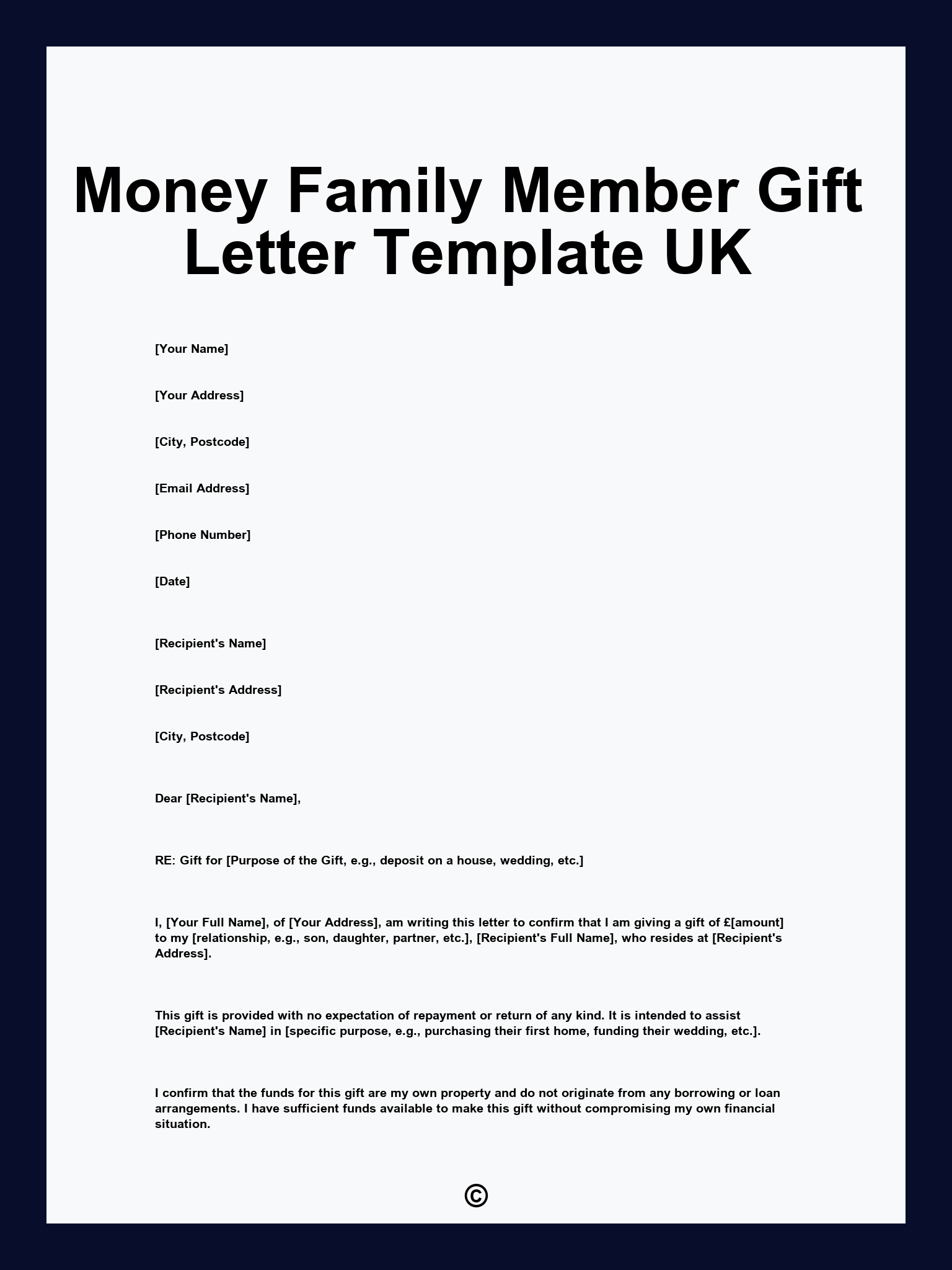 Money Family Member Gift Letter Template UK