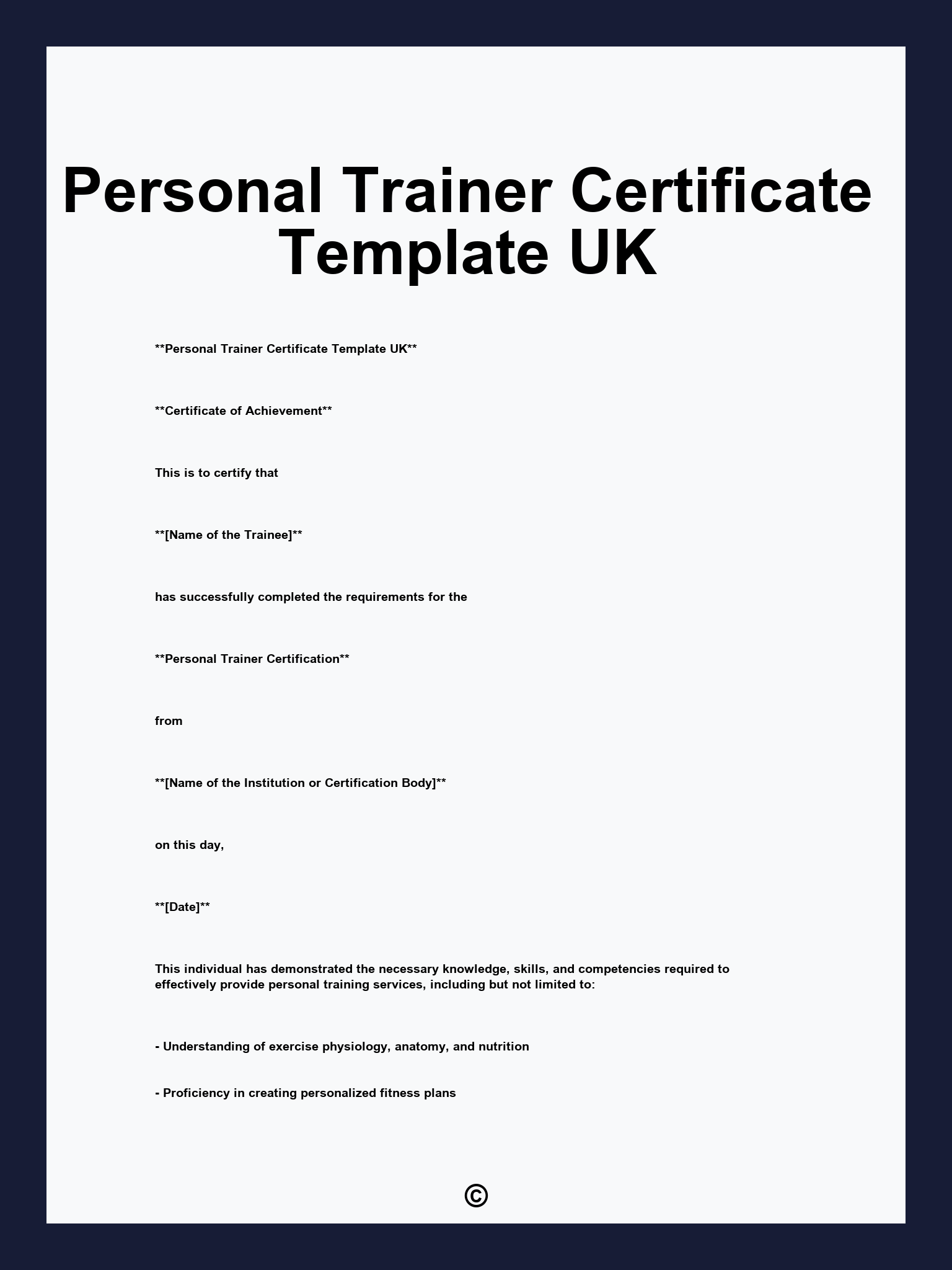 Personal Trainer Certificate Template UK