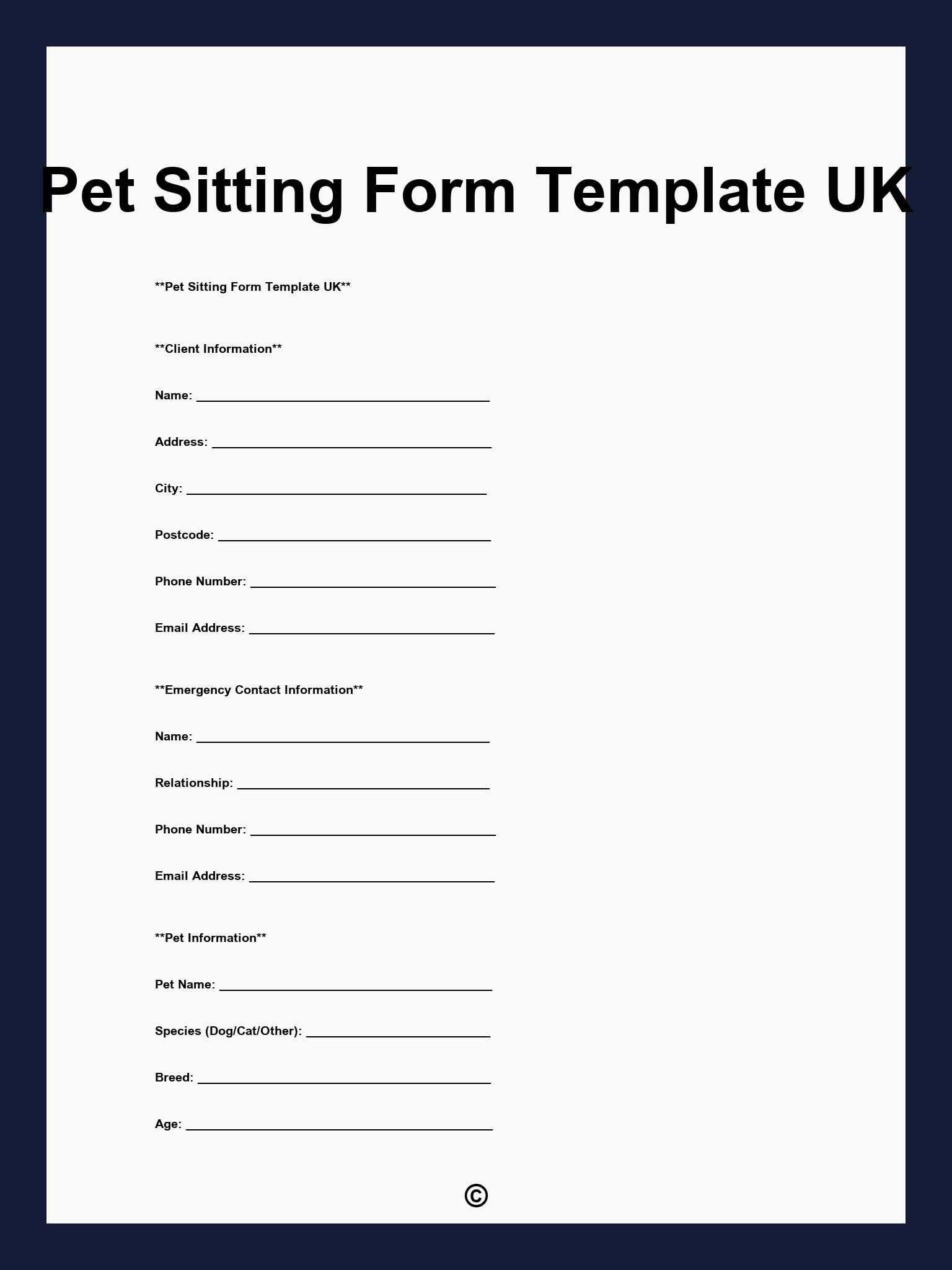 Pet Sitting Form Template UK