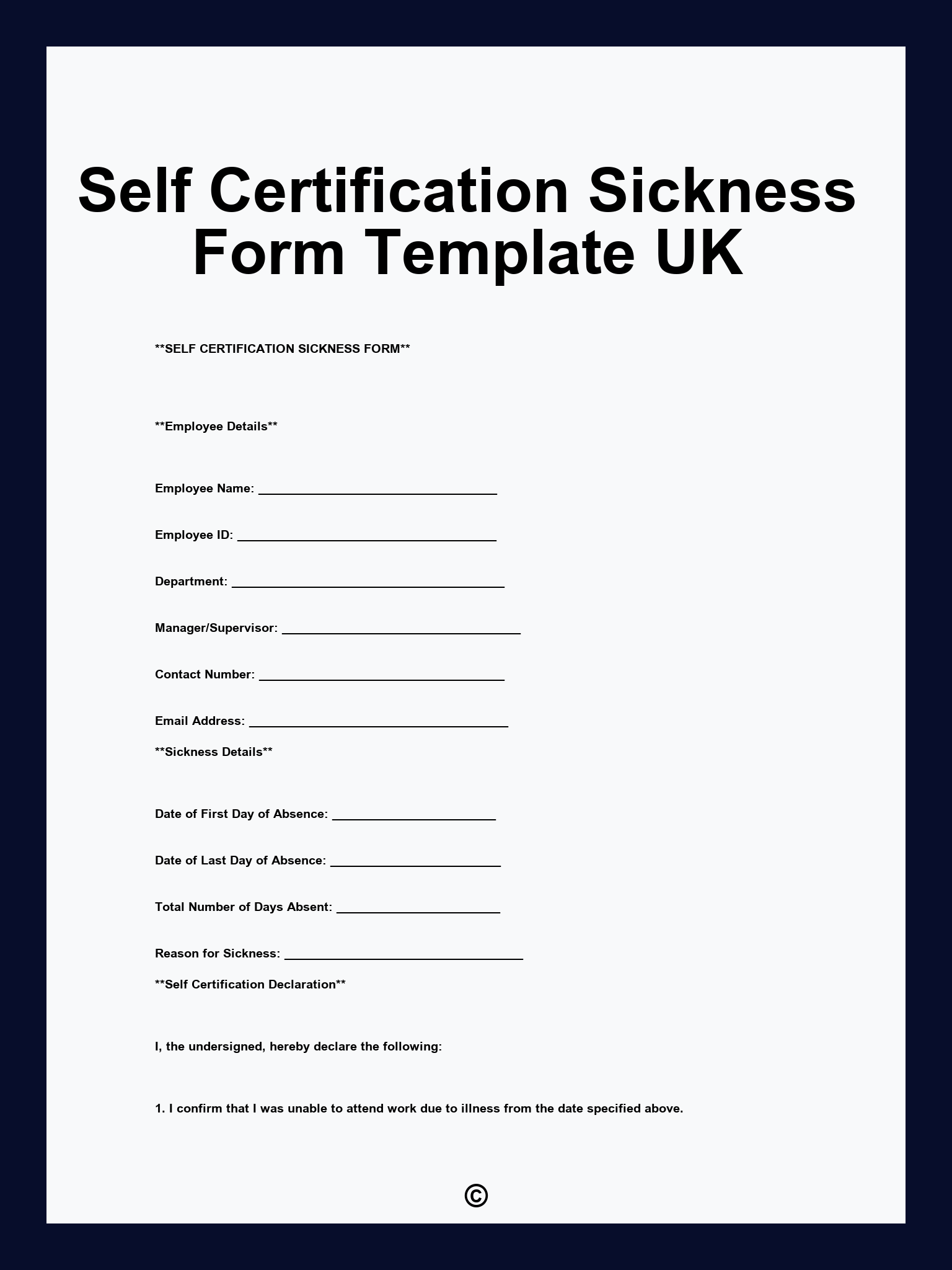 Self Certification Sickness Form Template UK