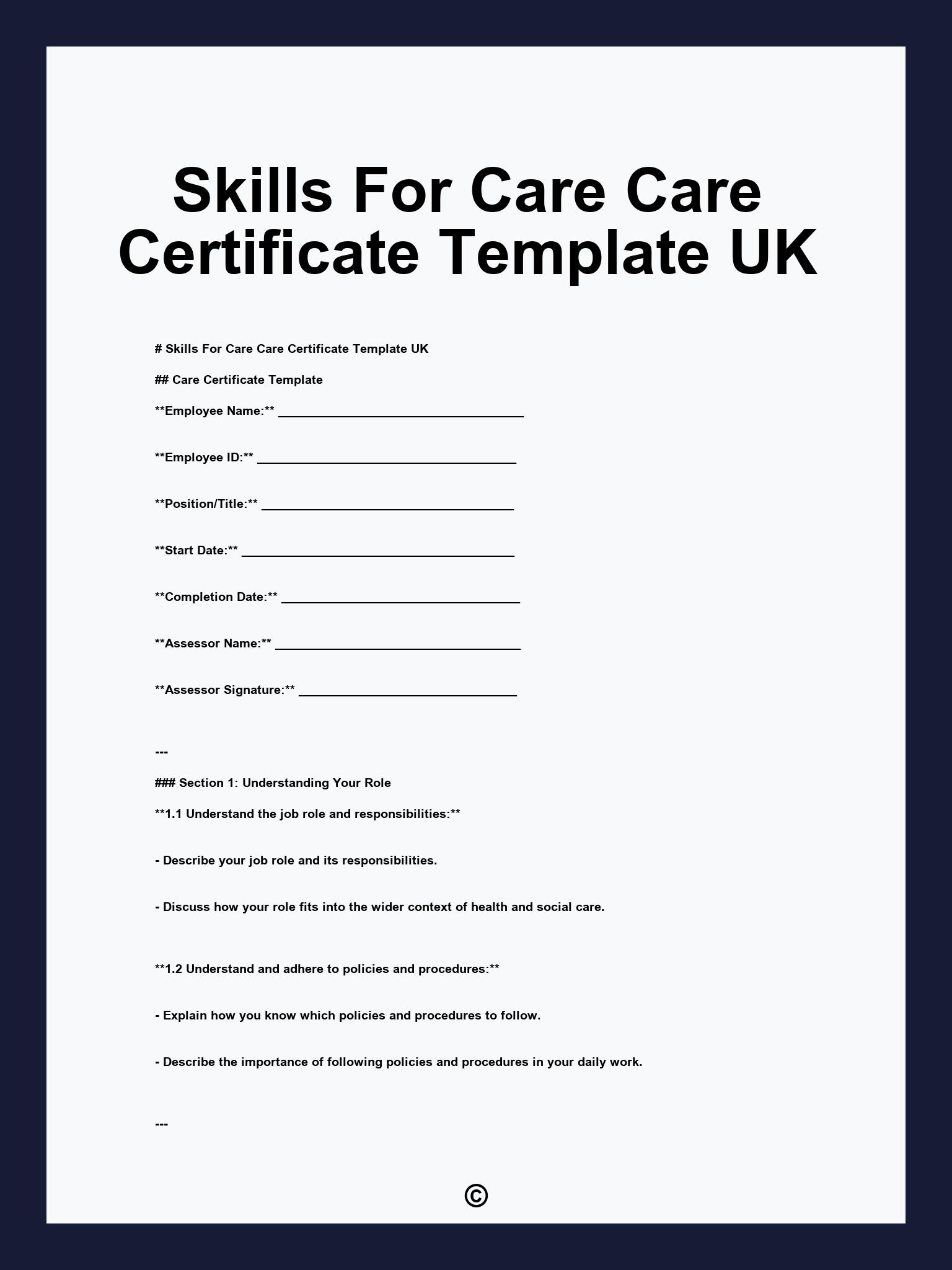 Skills For Care Care Certificate Template UK