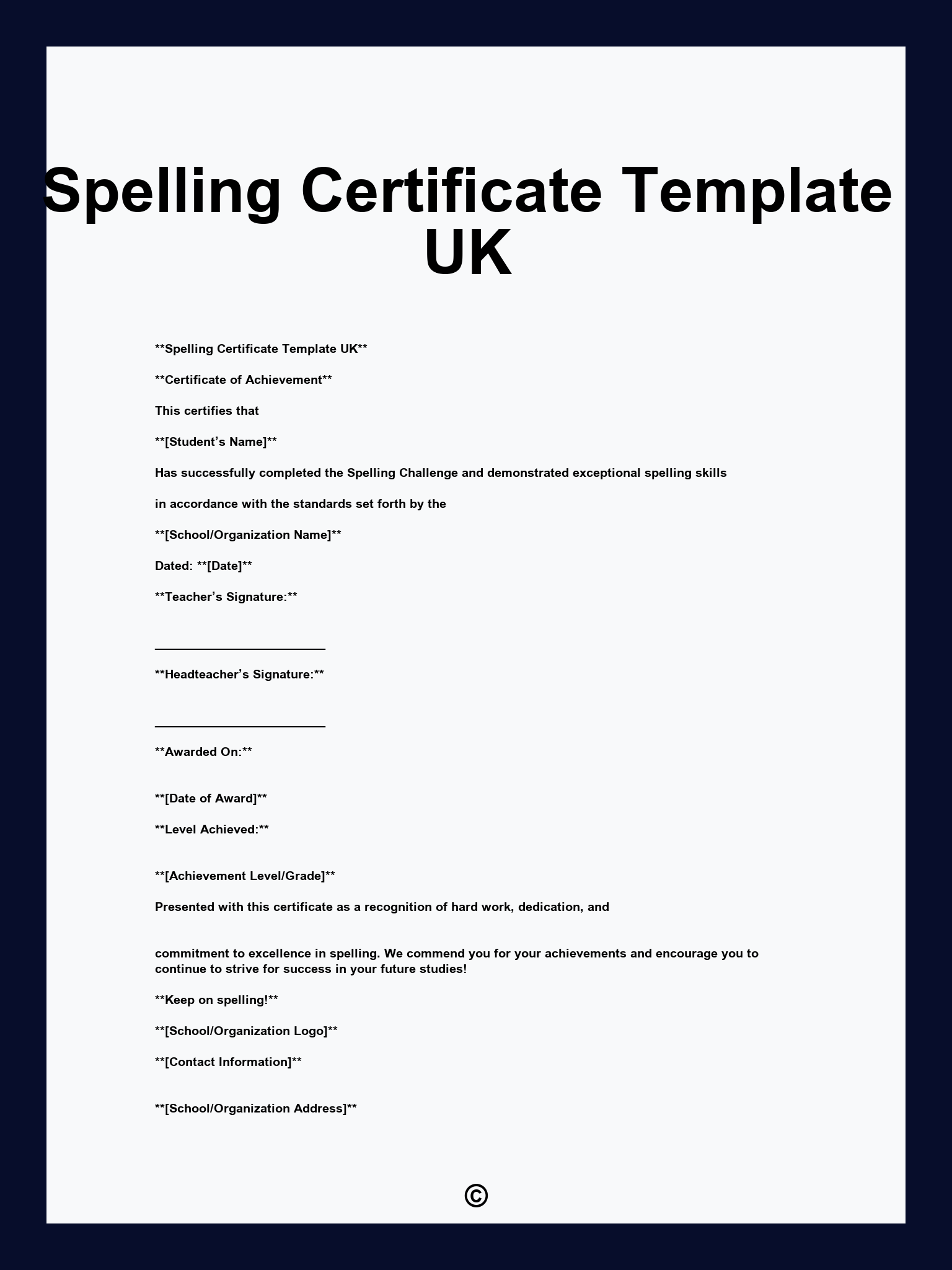 Spelling Certificate Template UK