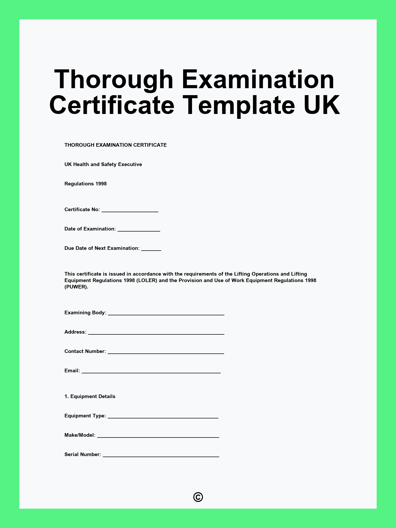 Thorough Examination Certificate Template UK