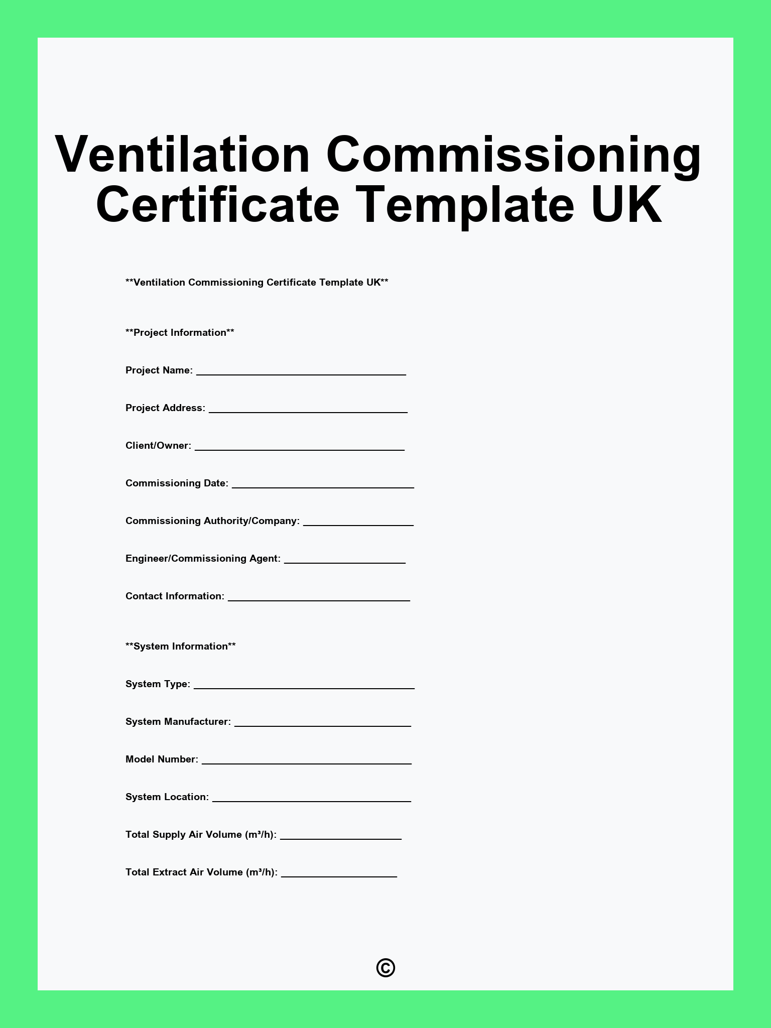 Ventilation Commissioning Certificate Template UK
